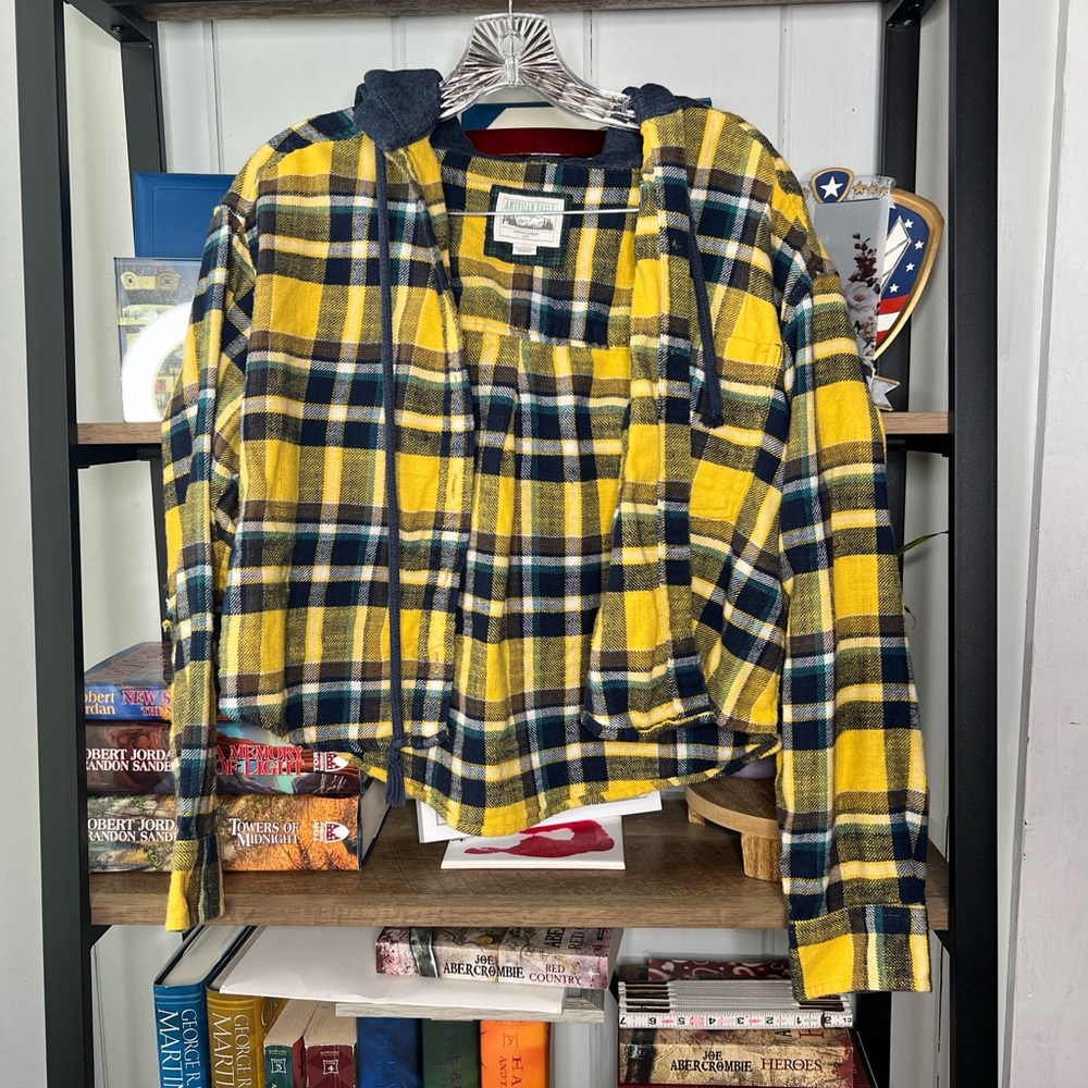 Yellow and Blue Plaid Flannel Shirt American Eagle cropped